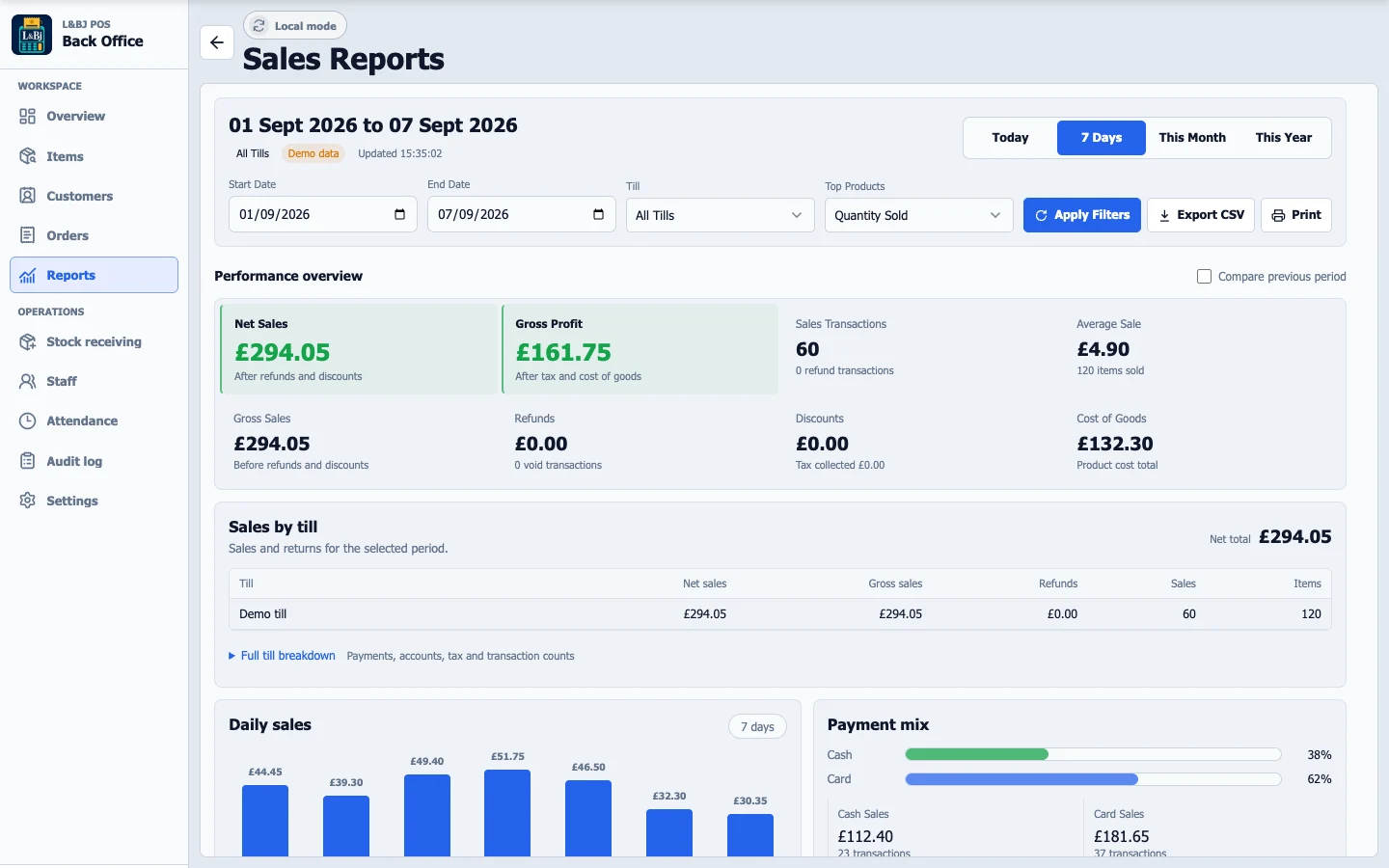 Back Office reports demo preview